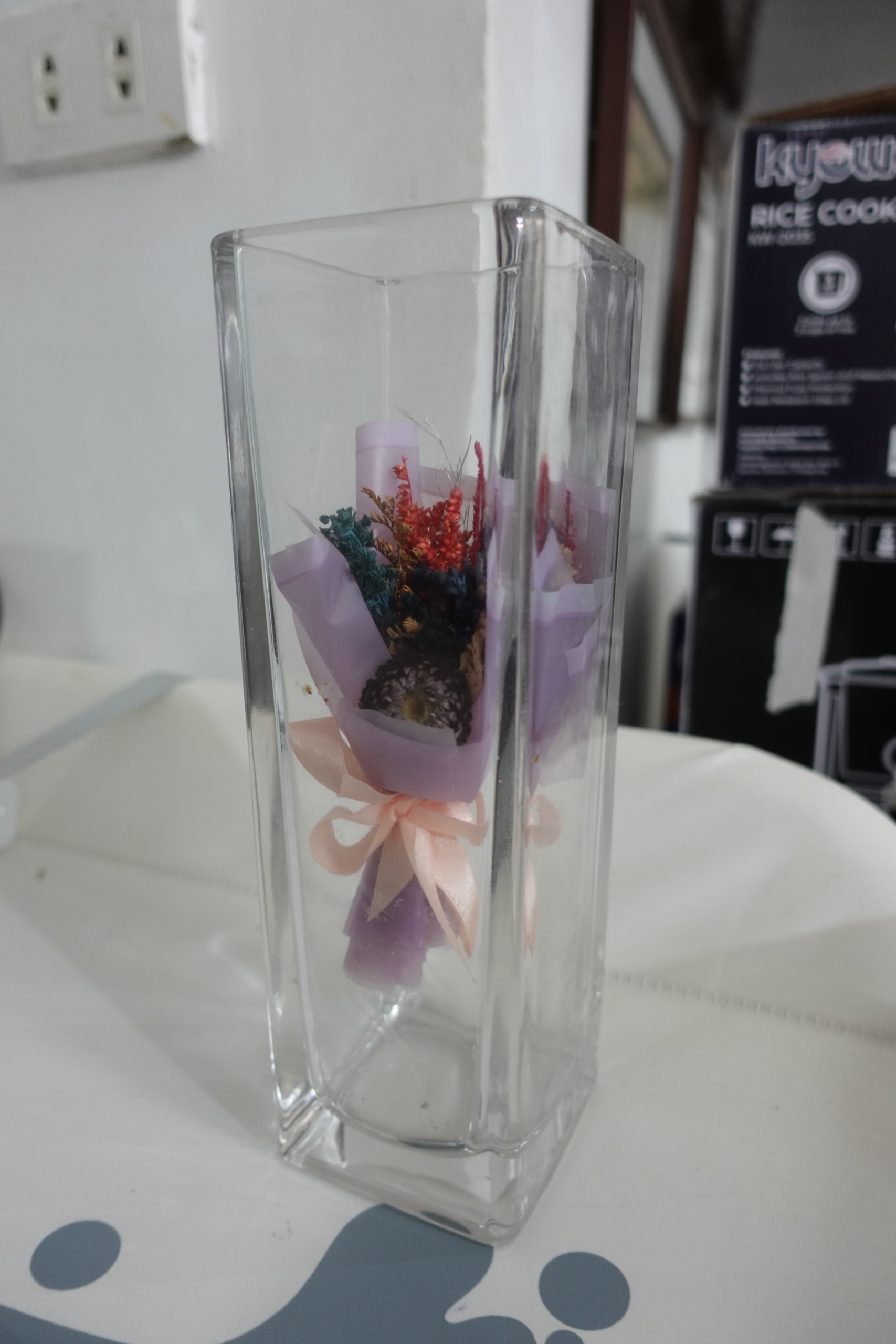 Clear Rectangular Glass Vase with Mini Dried Bouquet