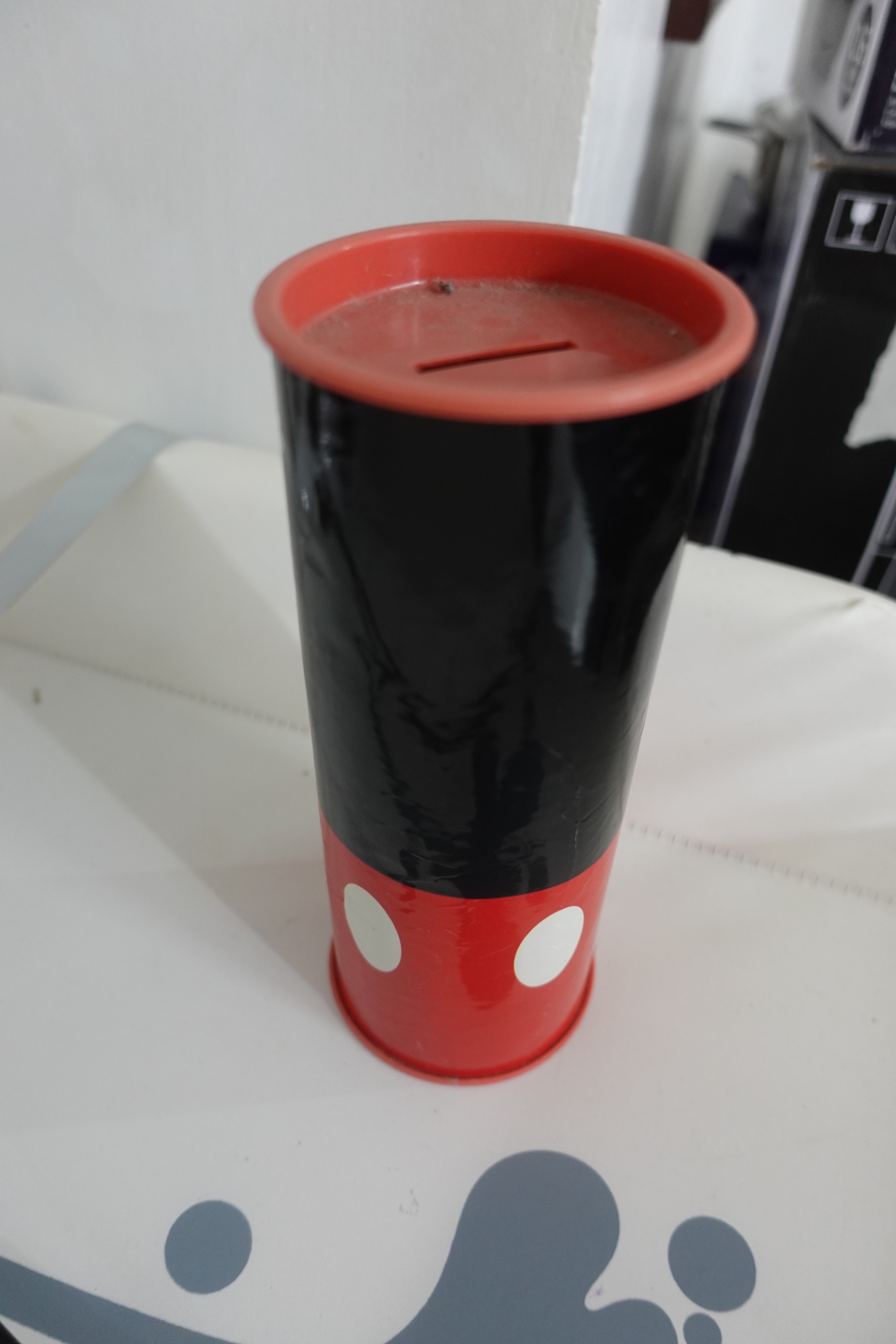 Red and Black Tin Coin Bank with Polka Dots